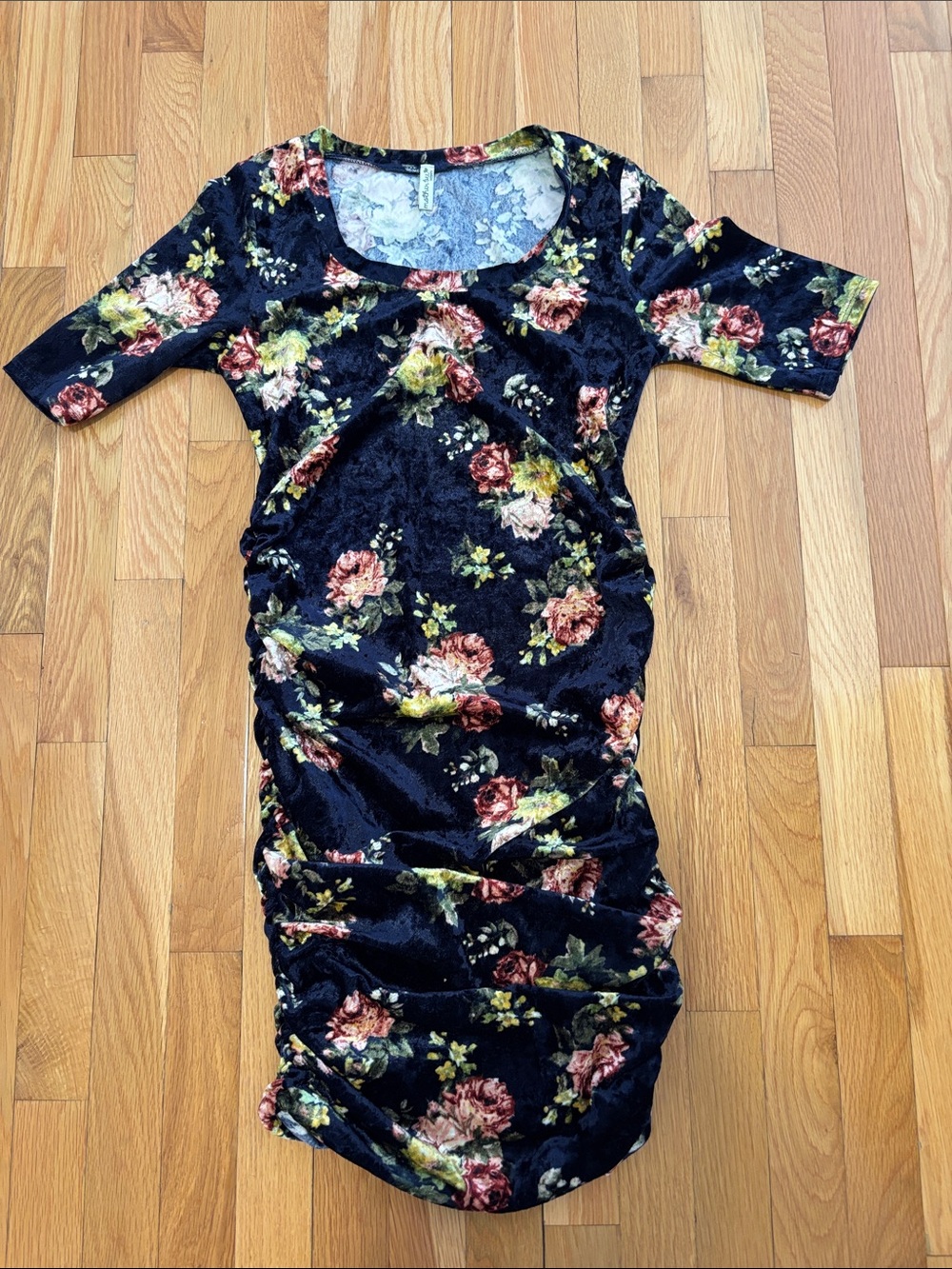 Mother Bee Maternity Black Floral Velvet Ruched Midi Dress